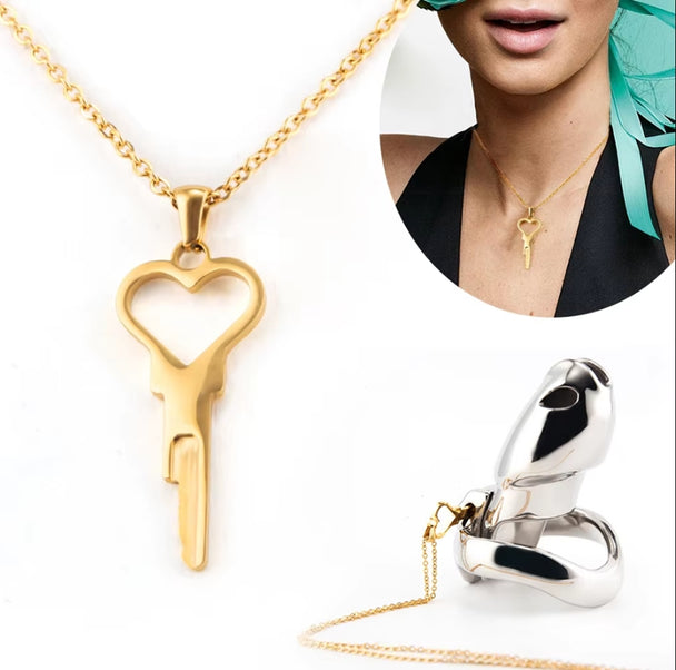 💝 HEART SHAPED KEY NECKLACE FITS ALL CHASTITY CAGES  - GOLD & STEEL